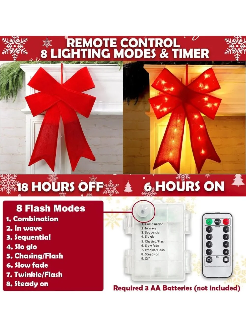 Set of 3 Large Prelit Red Velvet Christmas Bows with LED Lights & Remote Timer